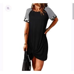 Black Short Sleeve Striped Sleeve Animal Print T-Shirt Dress Size Large